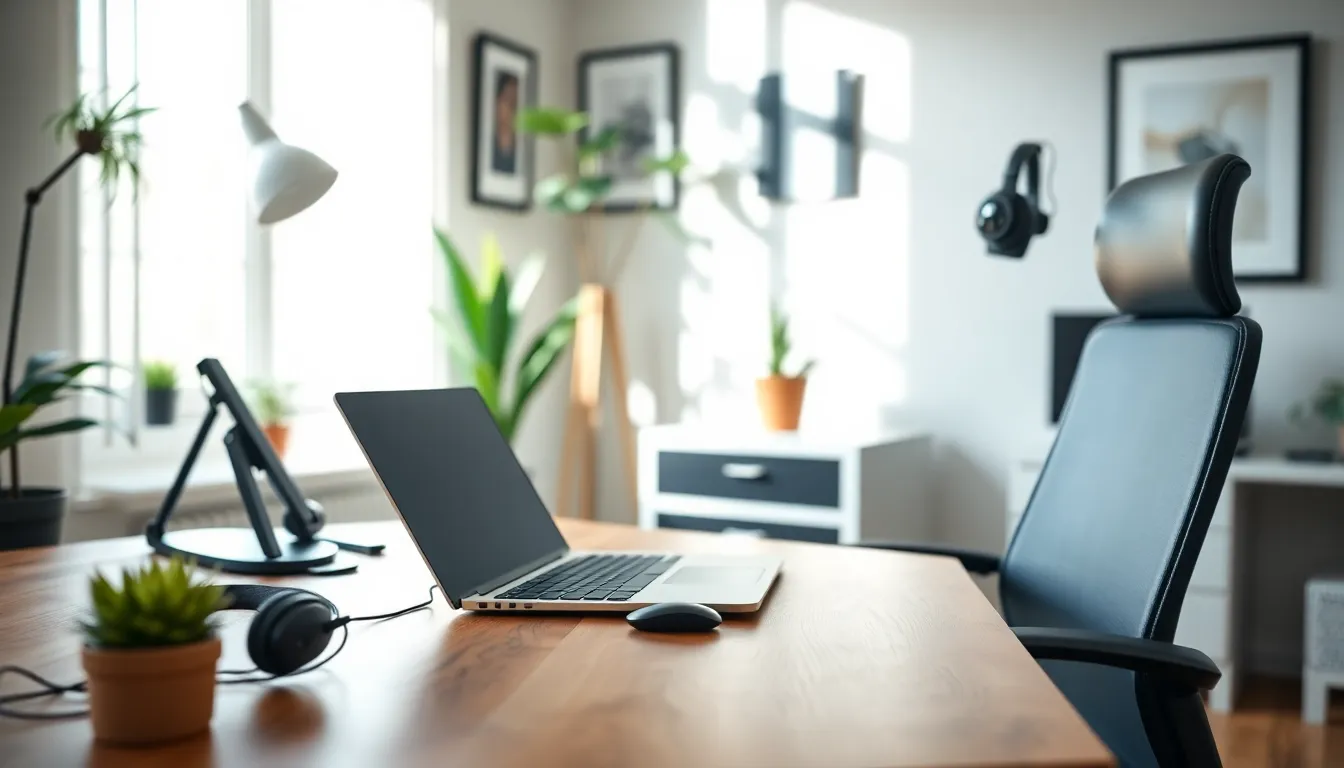 modern home office with ergonomic furniture and personal touches.