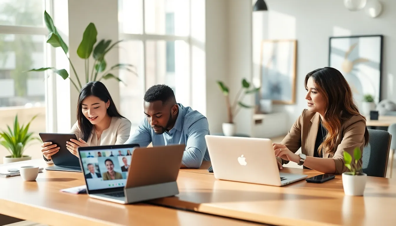 diverse professionals collaborating in a modern remote workspace.
