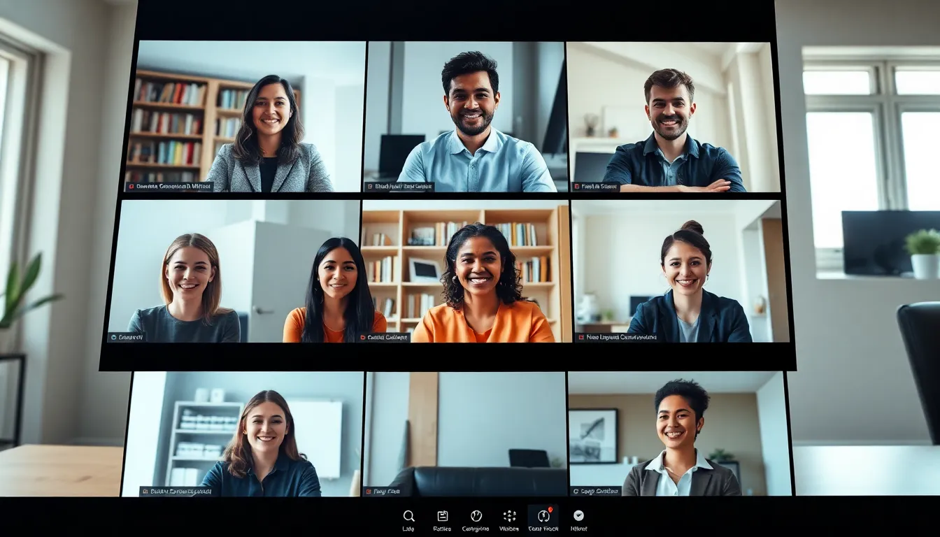 diverse professionals engaged in a video conference from home offices.