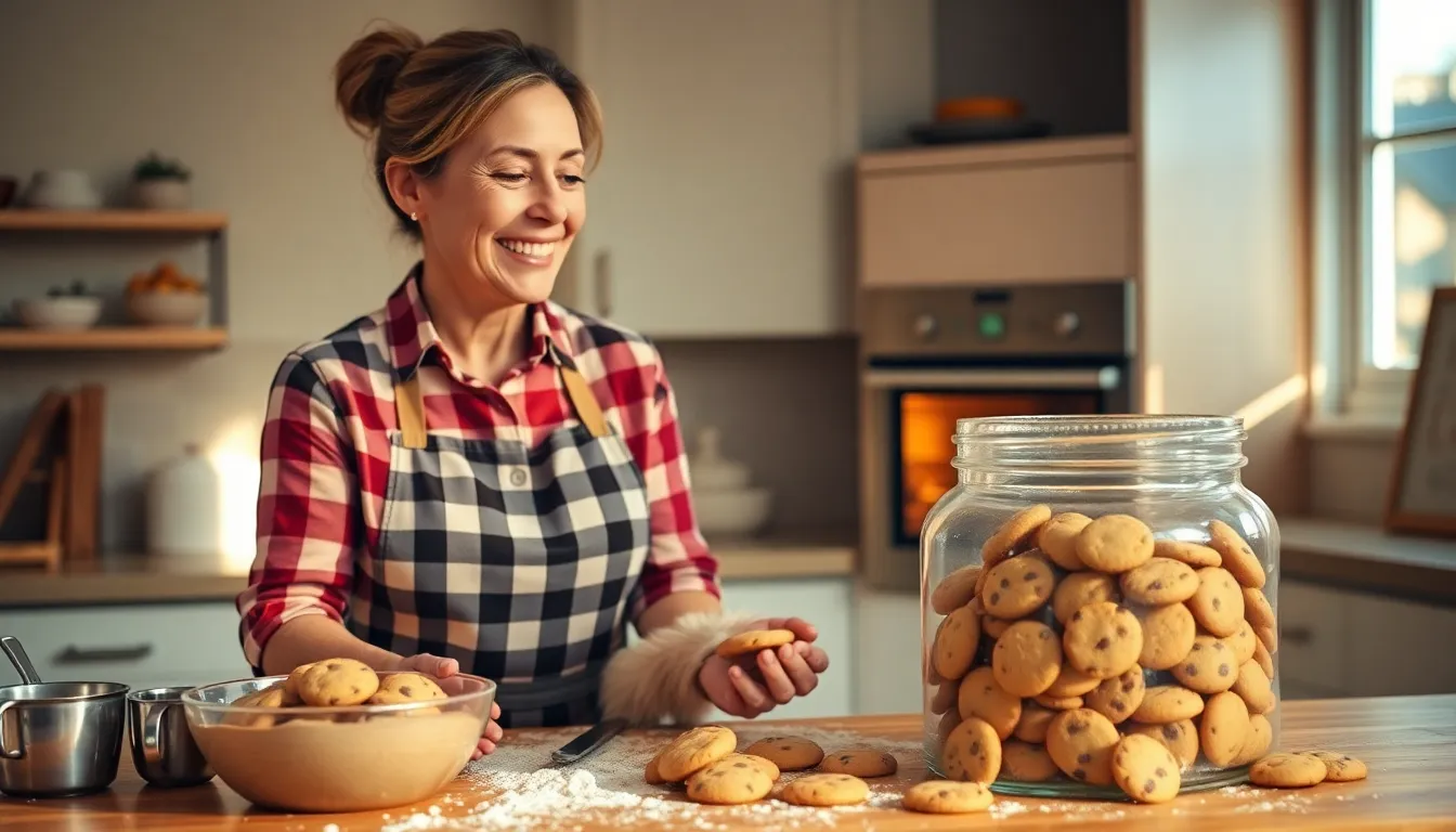 a woman baking cookies in a warm kitchen, surrounded by ingredients and warmth.