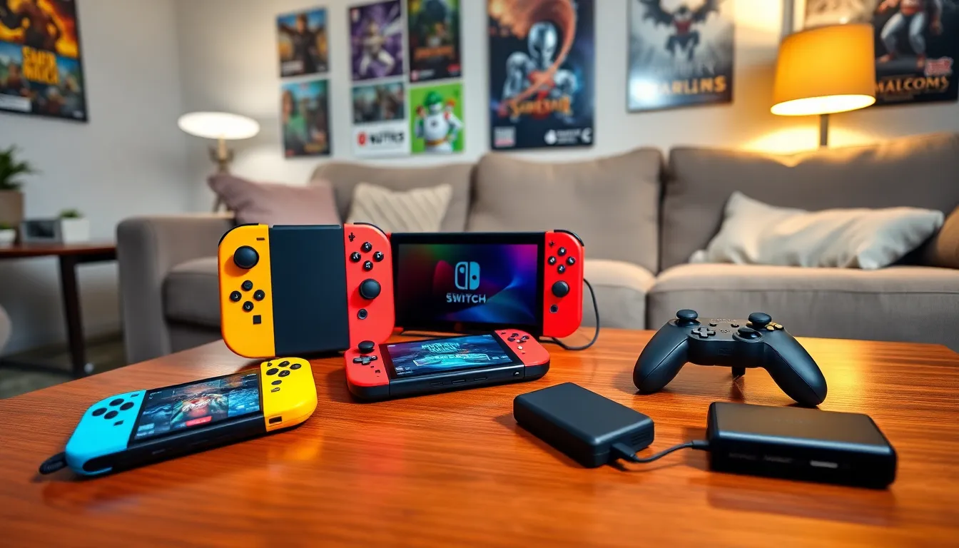 A Nintendo Switch with various controllers and a portable charger on a coffee table.