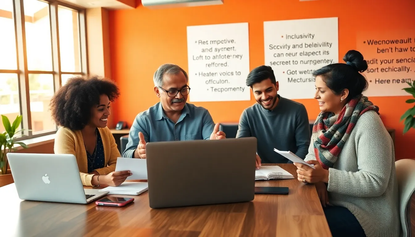 A diverse group discussing ideas for Redwebzine.org in a modern office.
