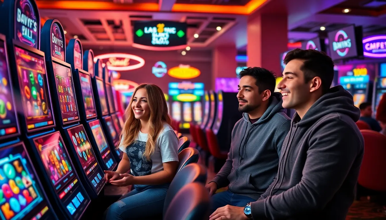 four players enjoying a gamified online slot game in a vibrant casino.
