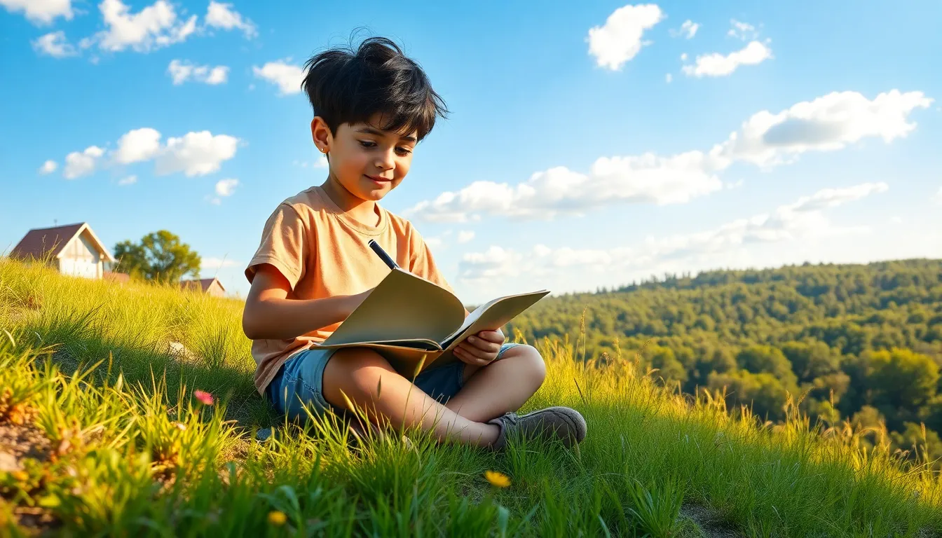 A young Hispanic child writing in a notebook on a grassy hill.