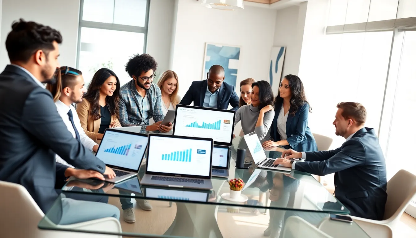 diverse marketing team collaborating in a modern office setting.
