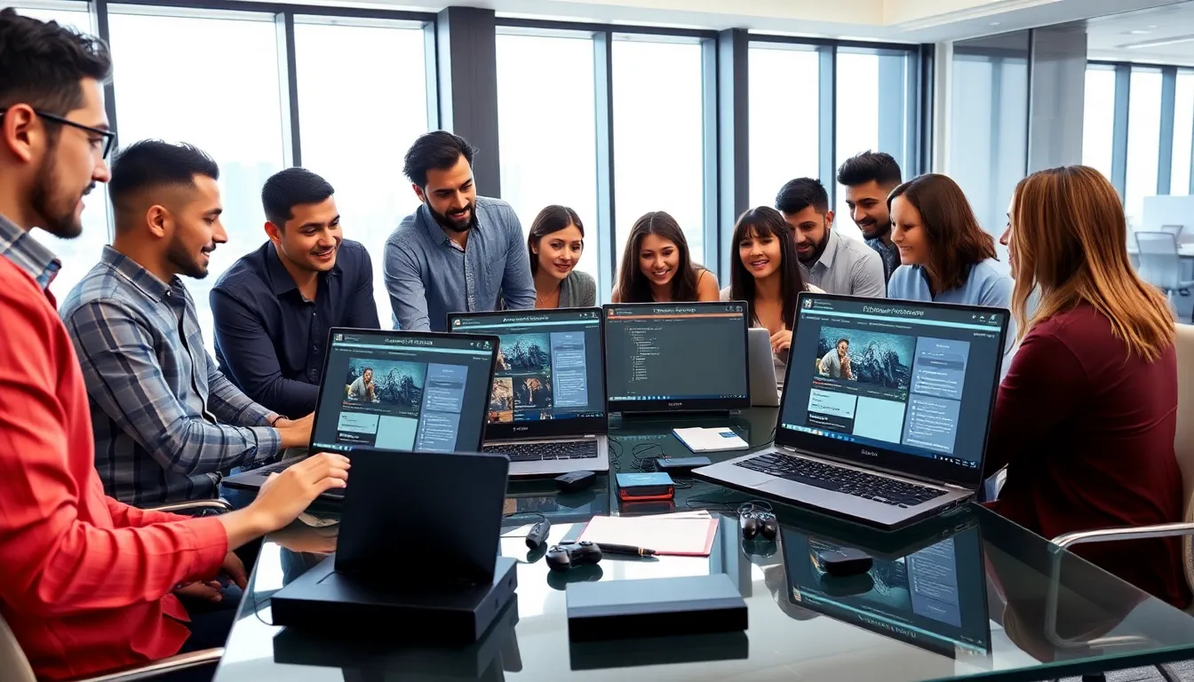 diverse group of gamers collaborating in a modern office.