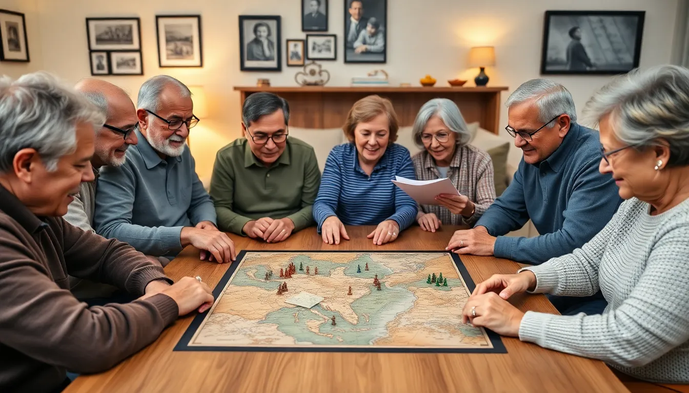 seniors enjoying a war game in a modern living room.