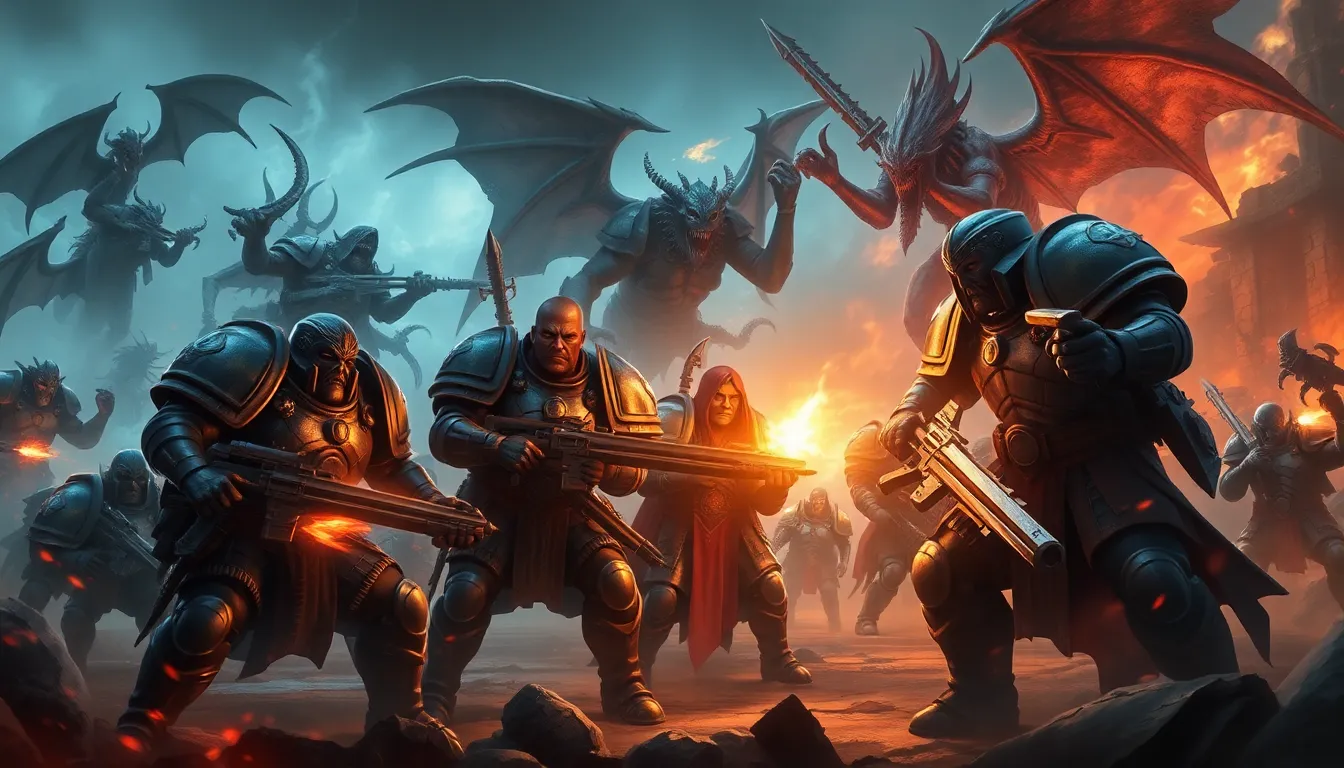 elite Daemonhunters battling daemonic foes in a dramatic Warhammer scene.