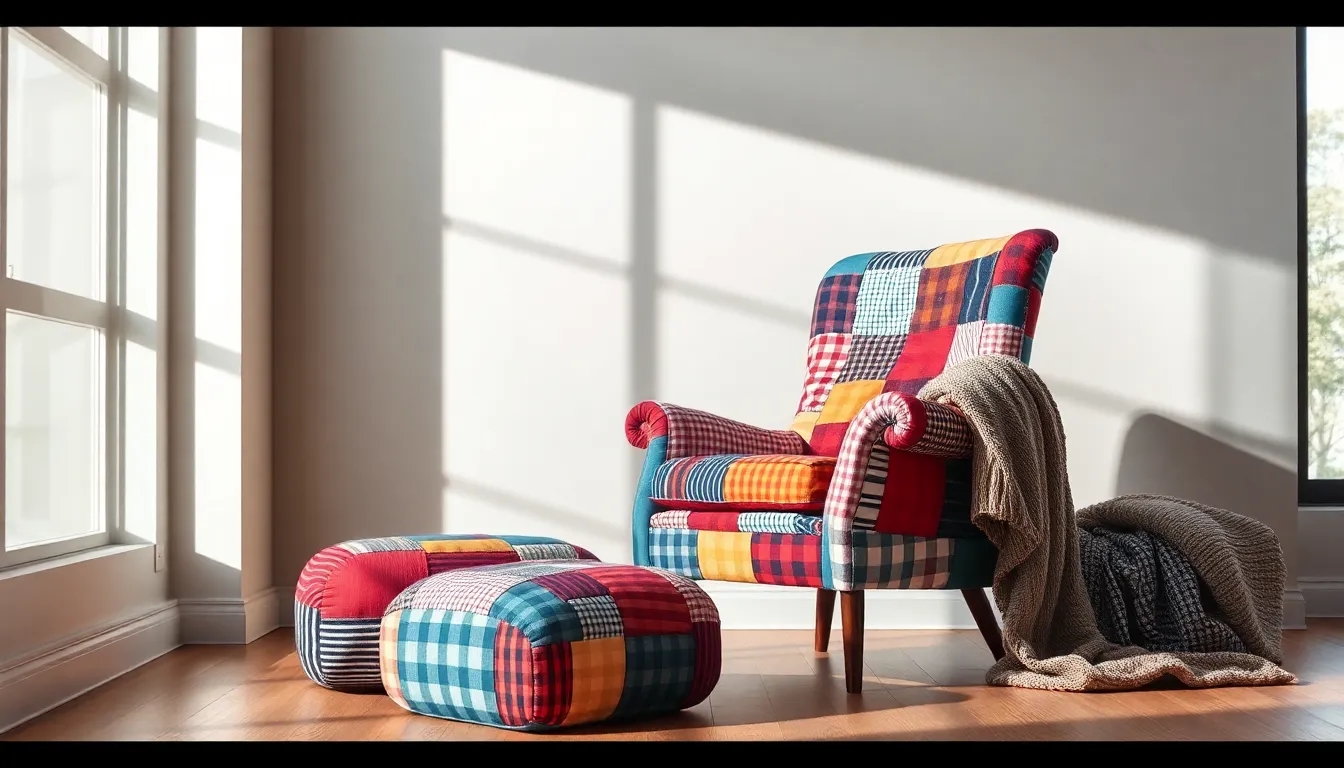 colorful chair made from repurposed shirts in a modern living room.