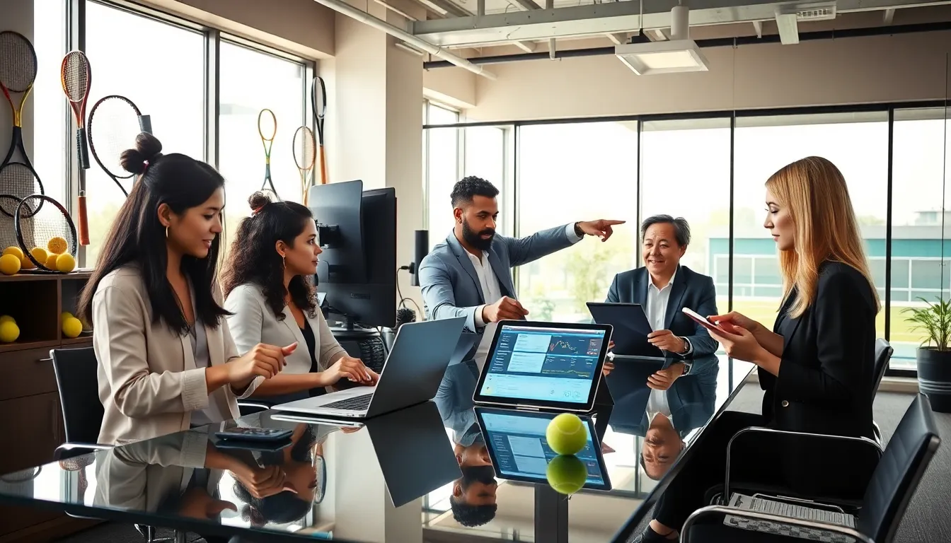 Diverse team analyzing tennis coverage in a modern media office.