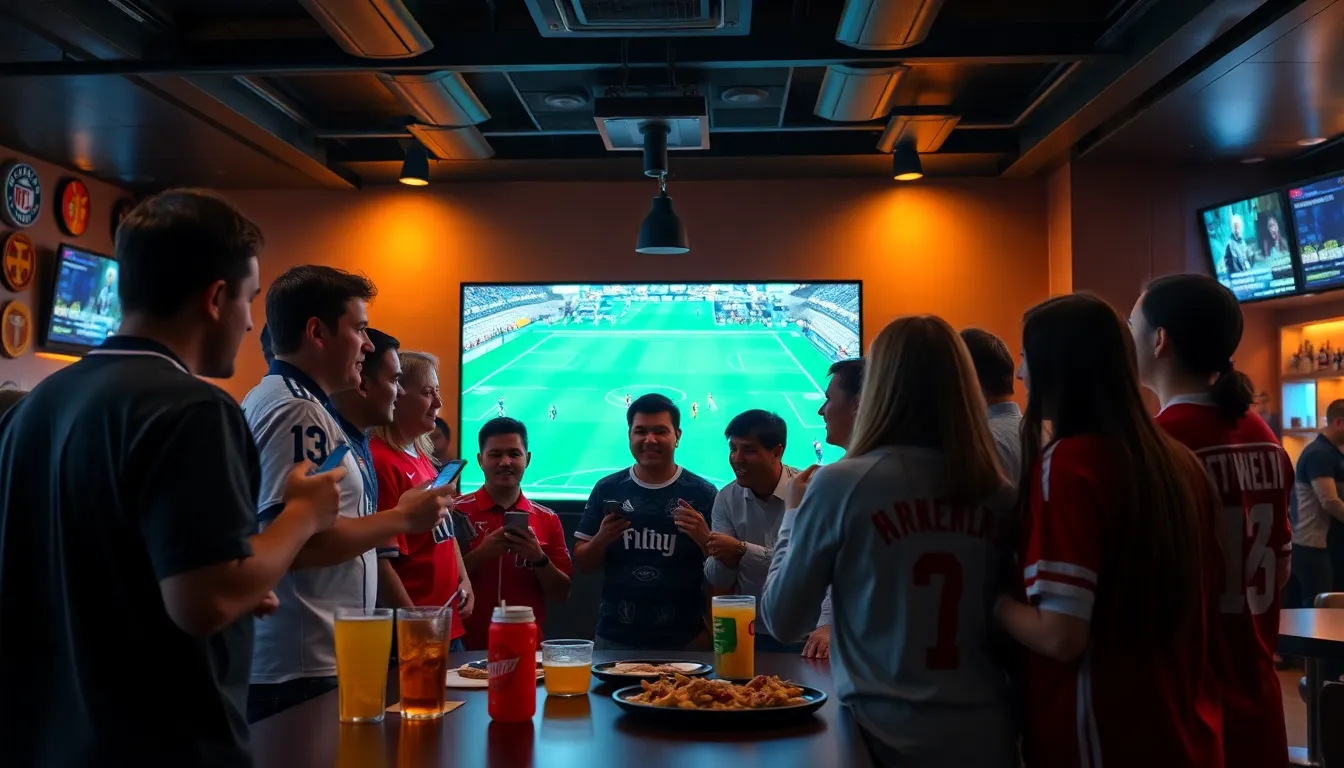 diverse fans enjoying sports in a modern bar setting.