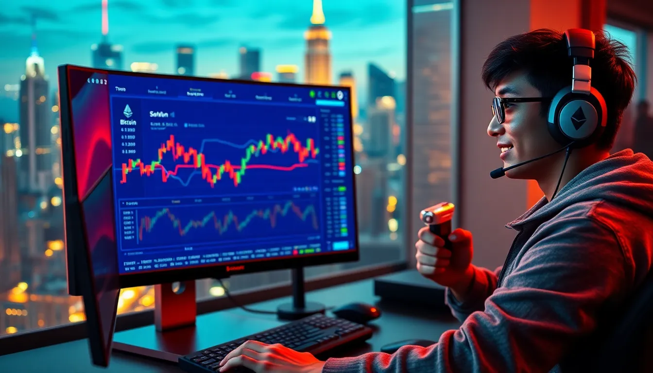 A gamer trades cryptocurrencies on a computer while playing a video game.