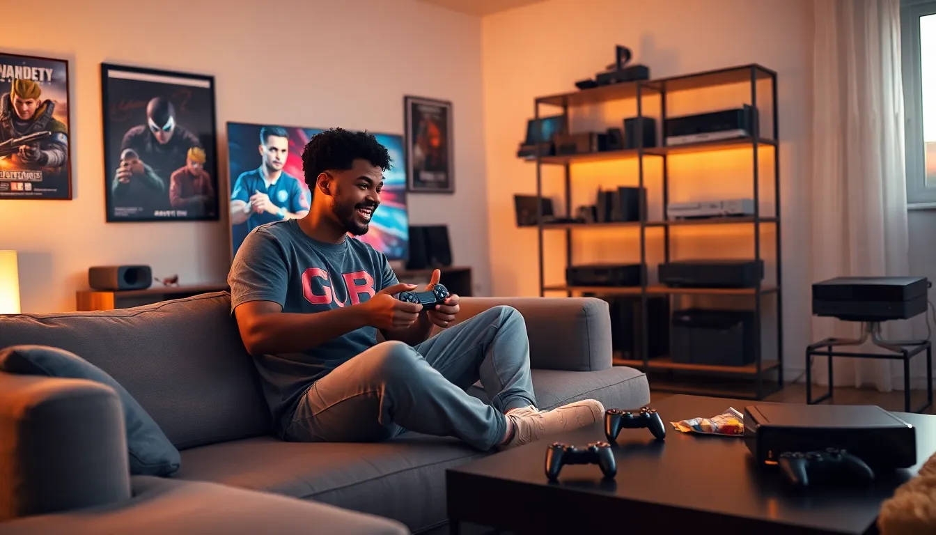 A gamer enjoying PlayStation 5 in a cozy living room.