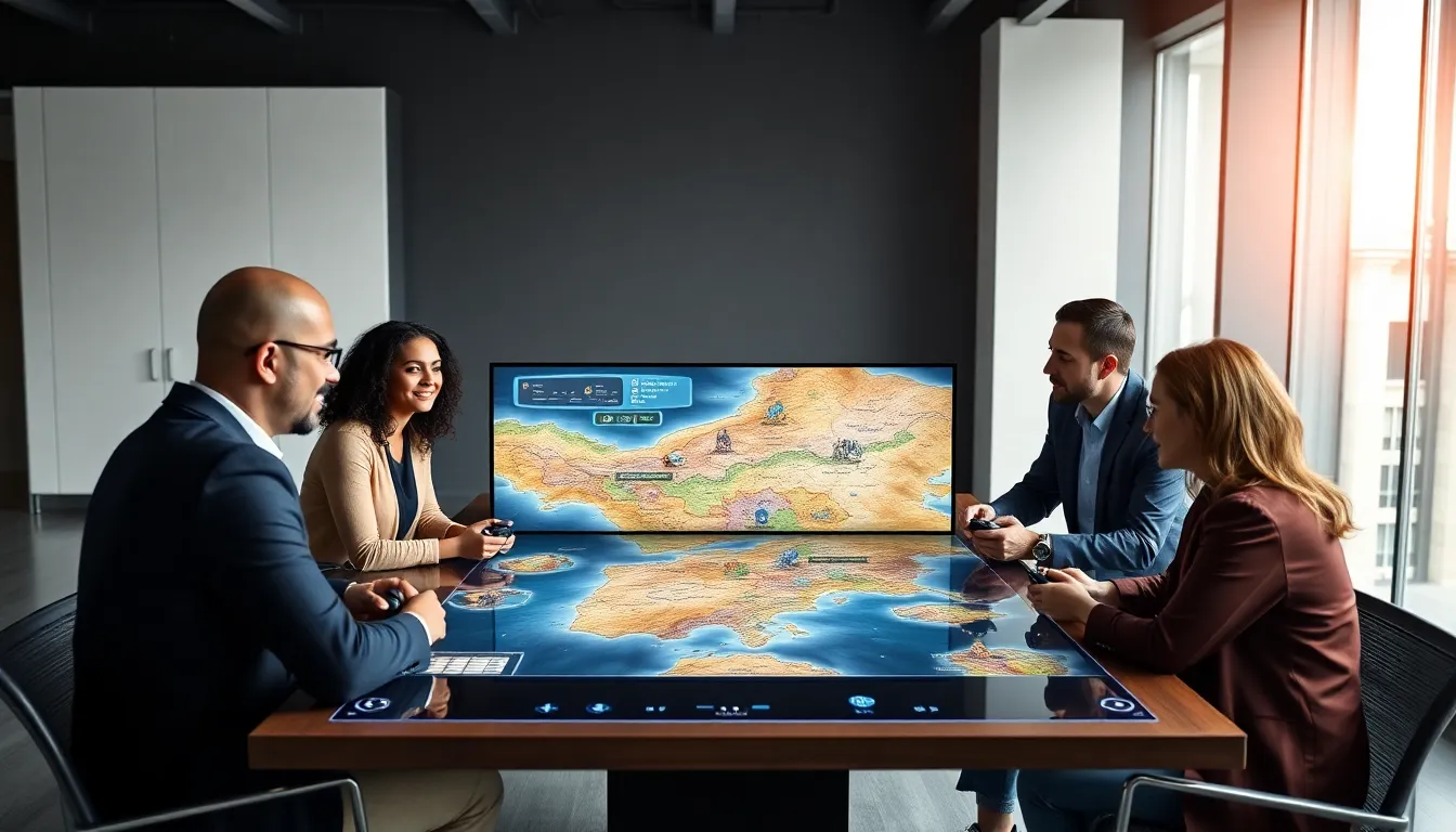 diverse professionals playing Crusader Kings II in a modern office.