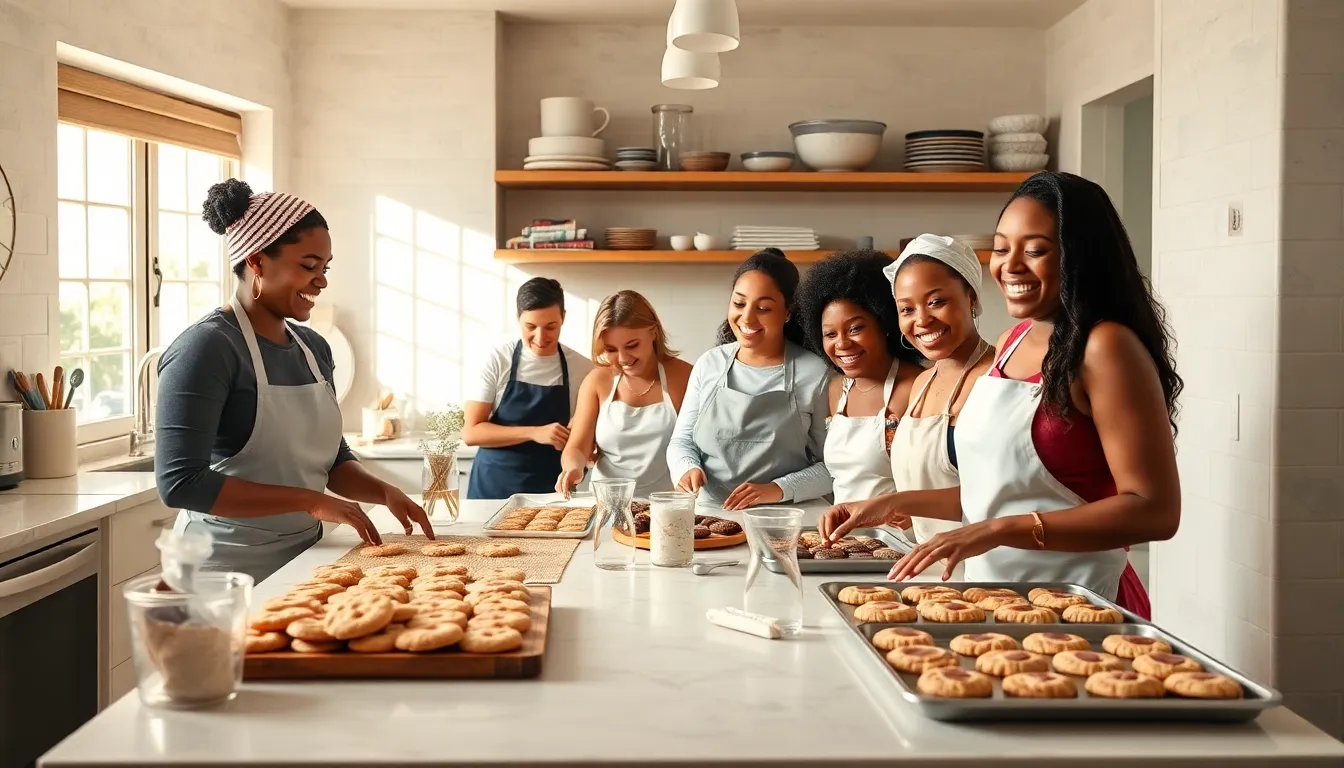 diverse bakers joyfully crafting cookies in a modern kitchen.