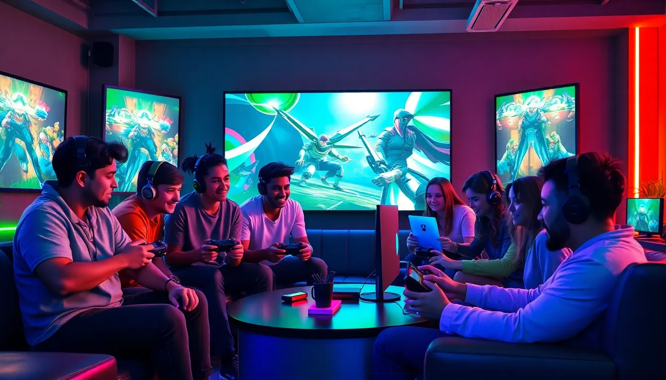 diverse gamers in a modern gaming lounge sharing Xbox experiences.