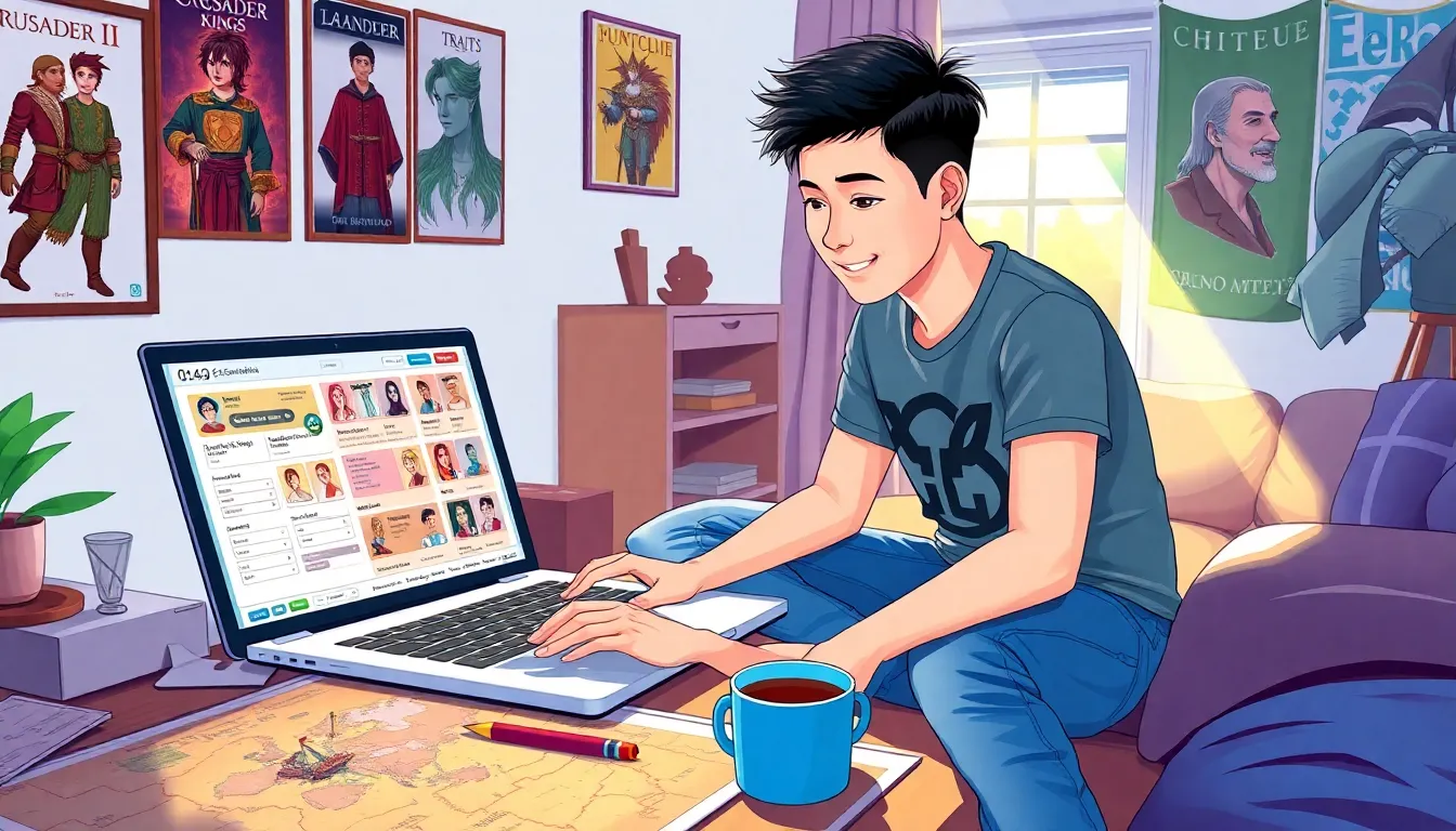 A young man using the CK2Generator tool on a laptop in a cozy room.