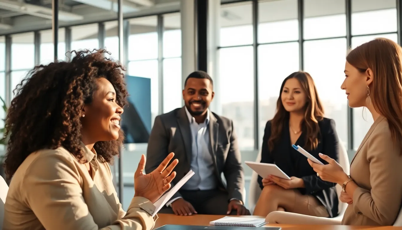 diverse professionals engaged in a productive video call in an office.