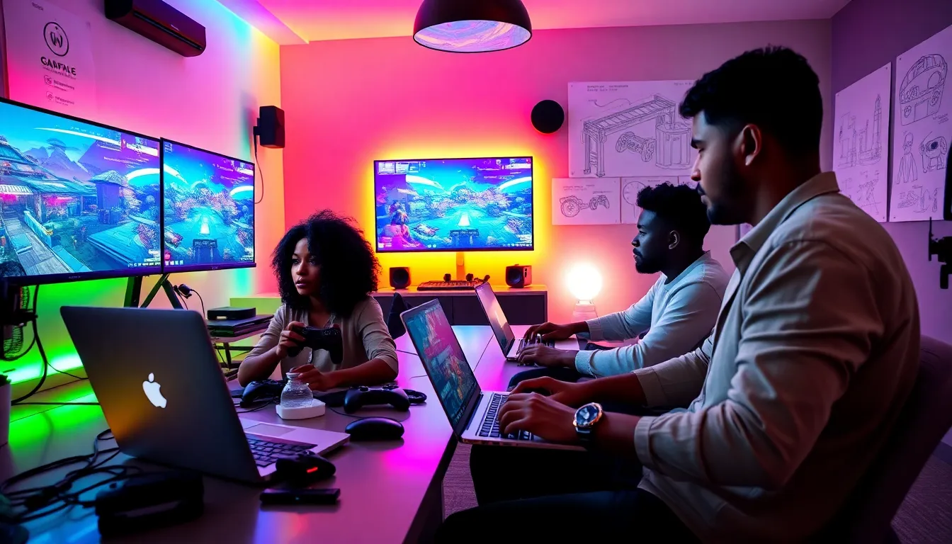 diverse gamers collaborating on video game design in a modern office.