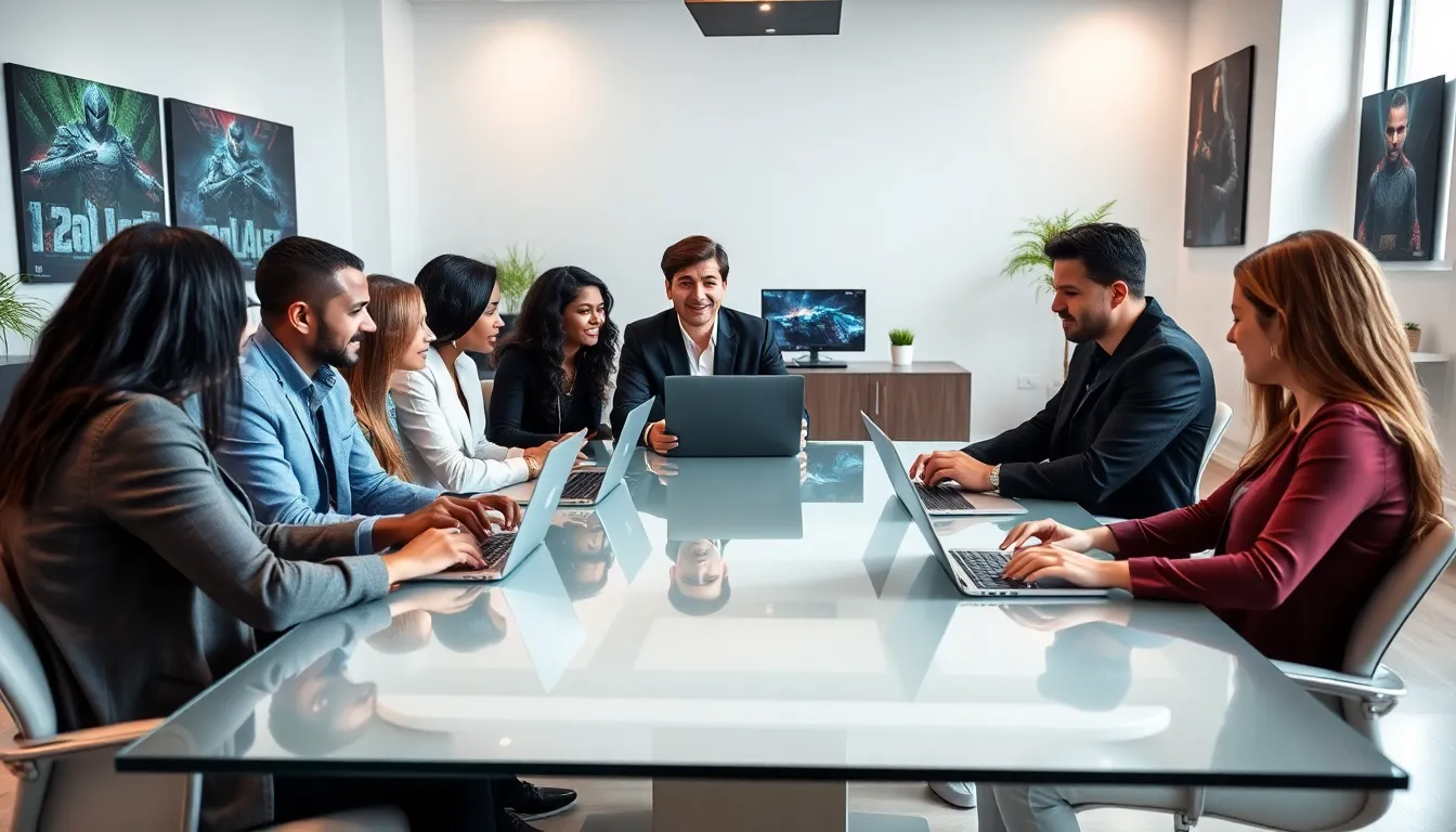 diverse team collaborating on gaming content in a modern office.