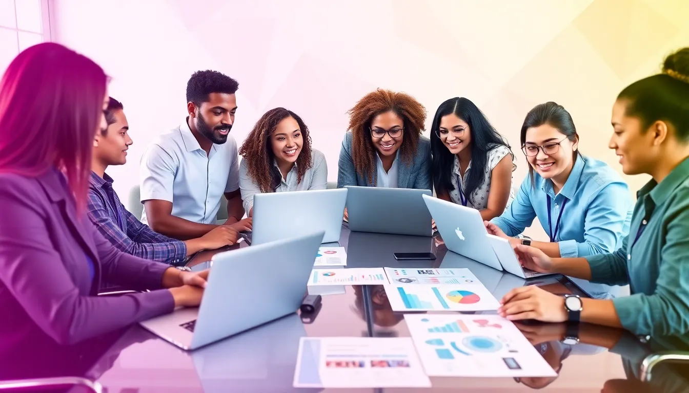 diverse team collaborating on digital marketing strategies in a modern office.