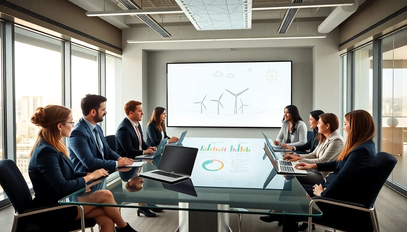 diverse team discussing energy solutions in a modern office.