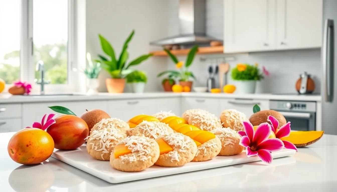 tropical cookies decorated with coconut and mango in a bright kitchen.