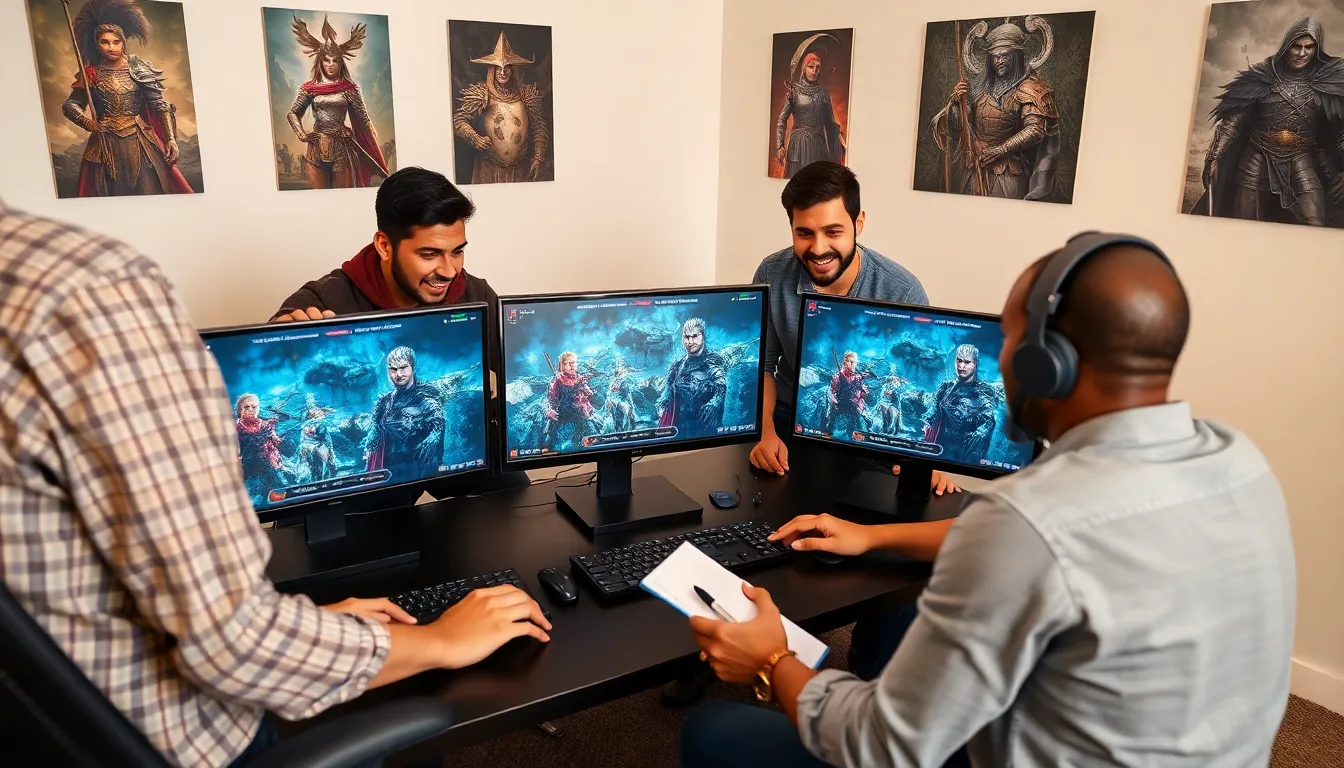 diverse group of players strategizing around a gaming setup.