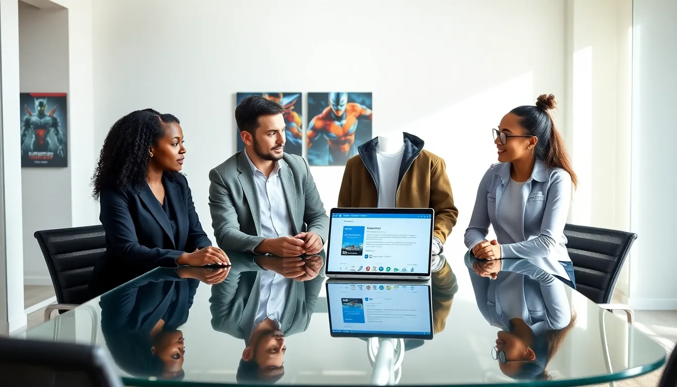 diverse professionals discussing email communication in a modern office.