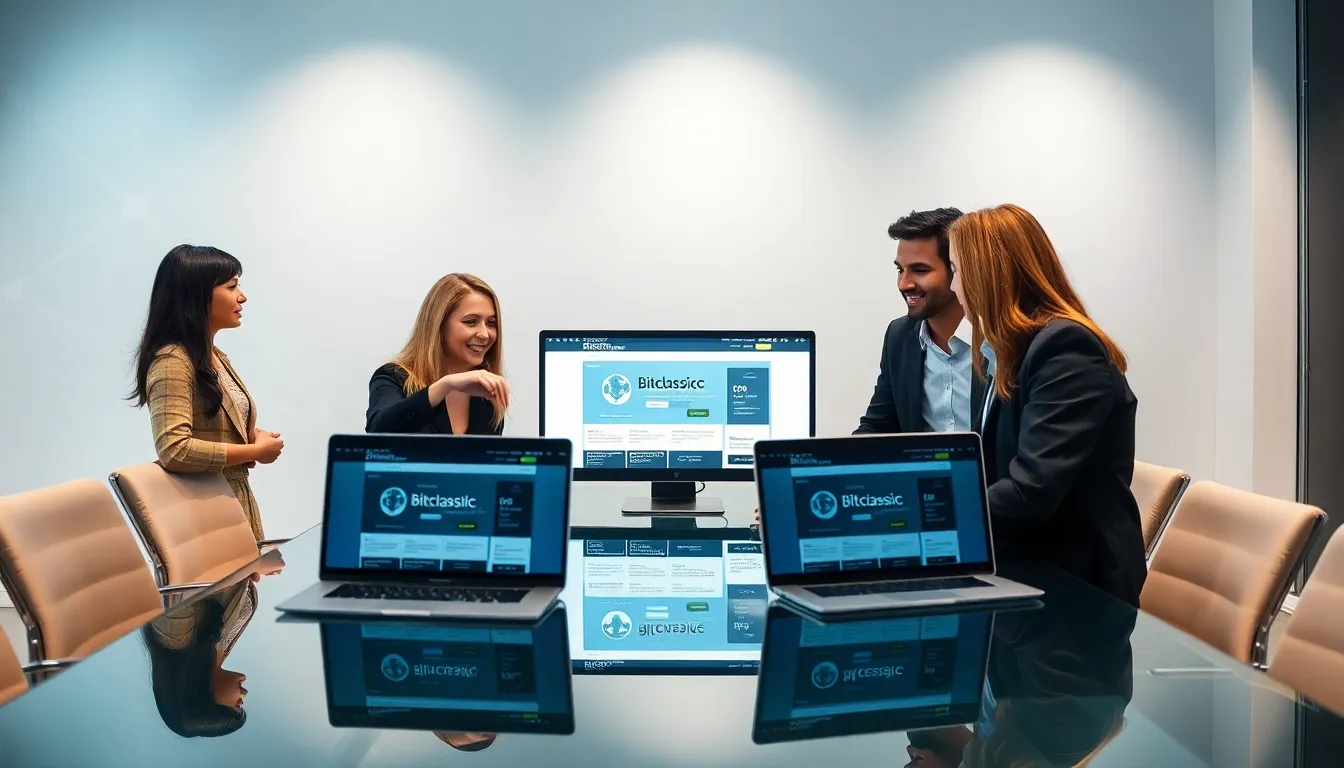diverse professionals discussing Bitclassic.org at a modern conference table.