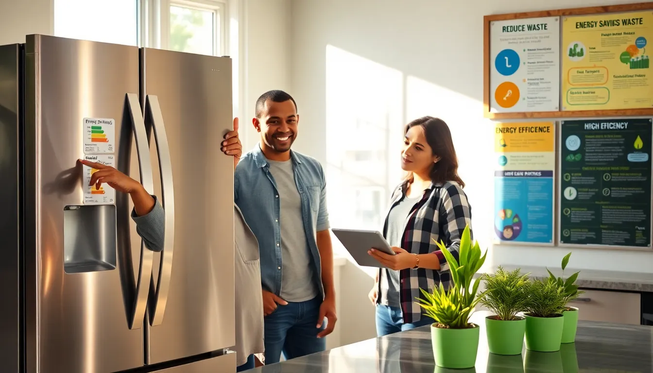 a diverse group discussing energy-efficient appliances in a modern kitchen.
